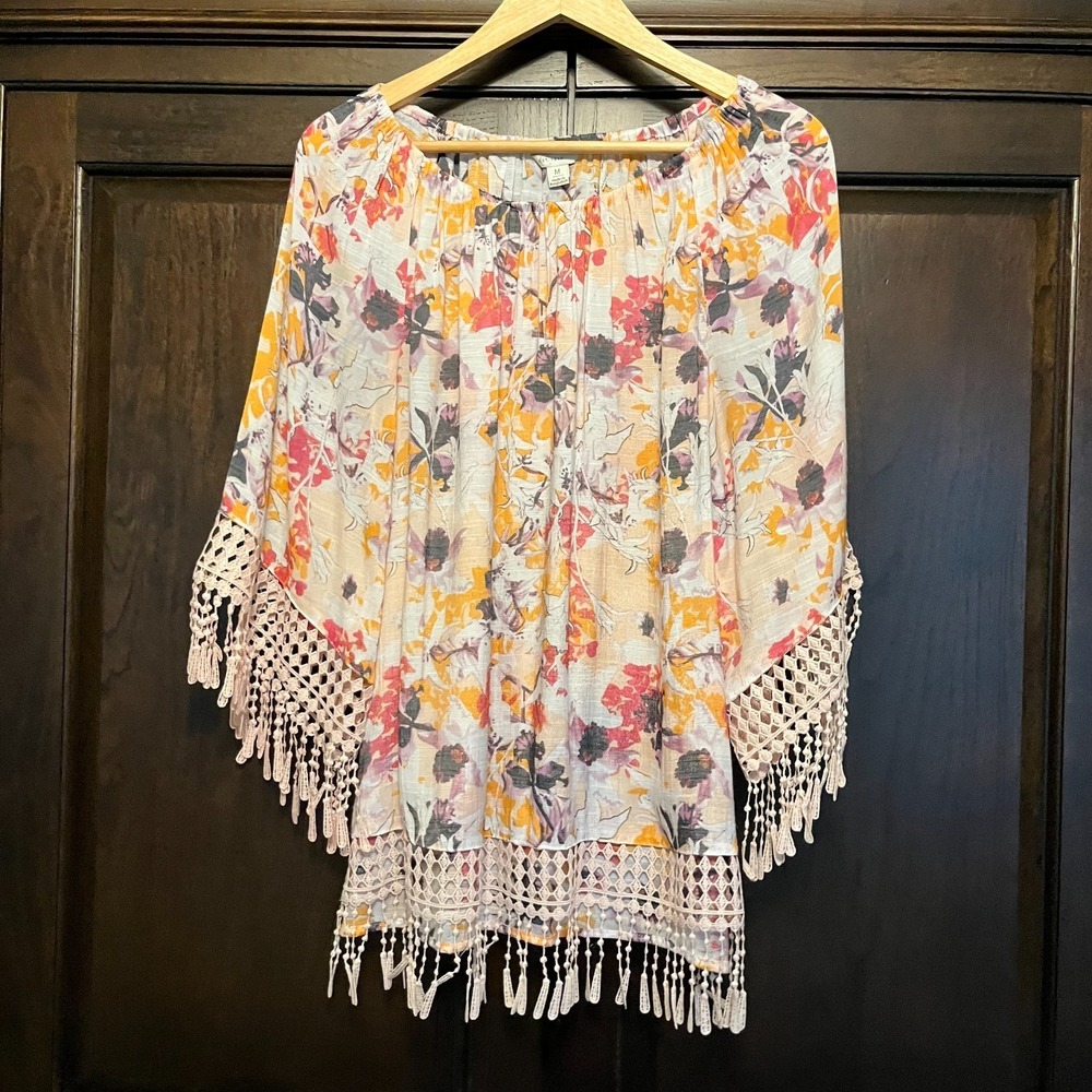 CATO Peasant Top Crocheted Trim Size M Cottagecore Boho Floral Fringe Festival